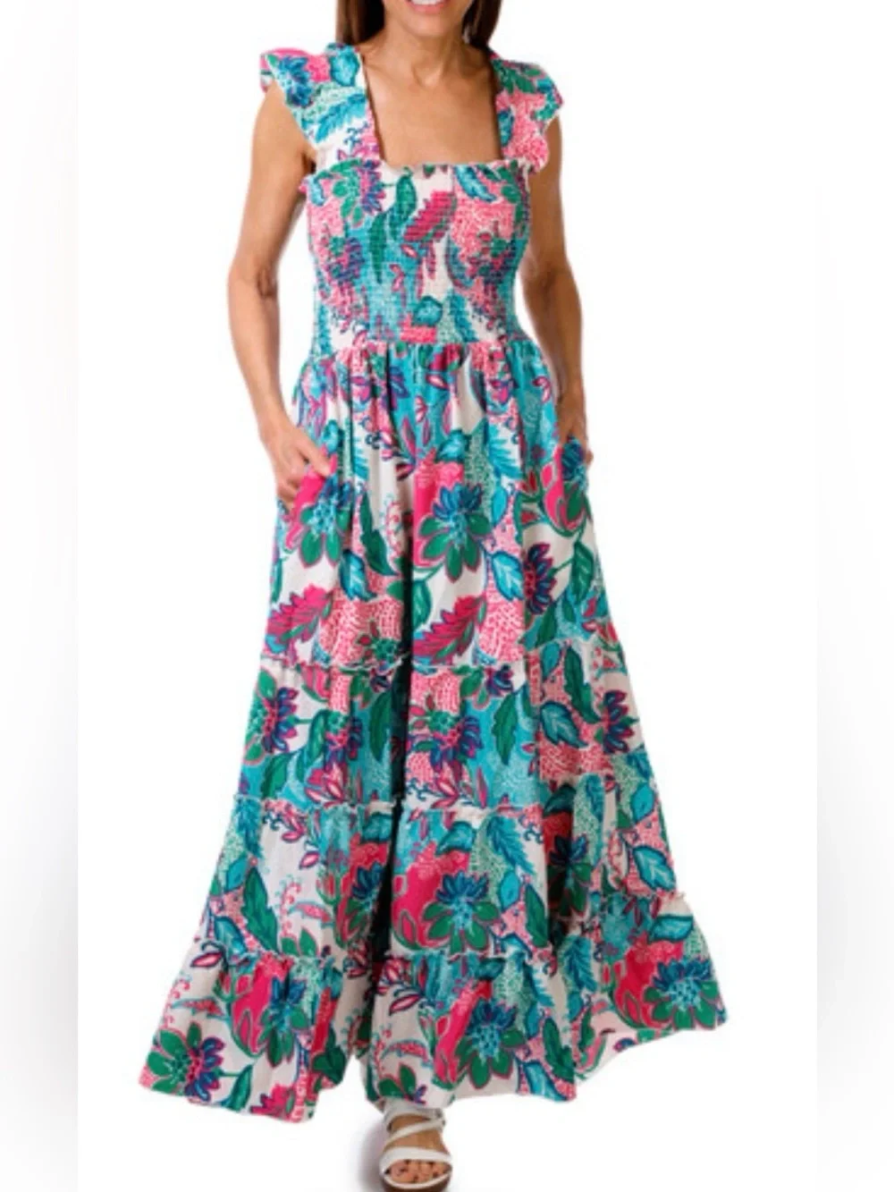 MELLODAY Smocked Tiered Maxi Dress M Medium Pink Blue Floral Ruffle Cap Sleeve